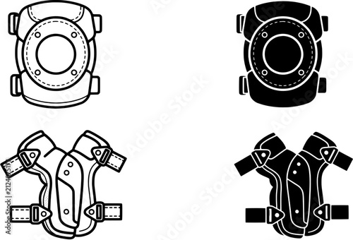 Protective gear icon set. Knee and elbow pad symbols in outline and solid black styles. Editable vector illustration on white background.