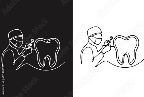 Dentist examining a tooth, continuous line dentistry