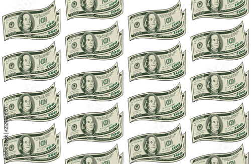Seamless geometric money pattern with wavy bent 100 USD bills. Banknotes arranged in pairs in vertical rows, columns. Color illustration on transparent background