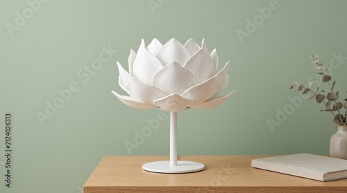 Elegant white lotus-shaped table lamp on a slender stand, placed on a wooden desk with a notebook and vase against a sage green wall.