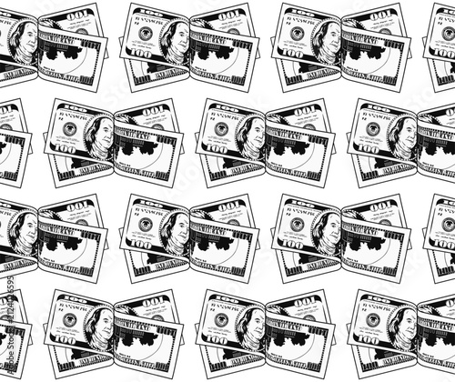 Seamless geometric pattern with folded in half 100 USD bills. Banknotes arranged in pairs in alternating grid. Black and white money illustration on transparent background