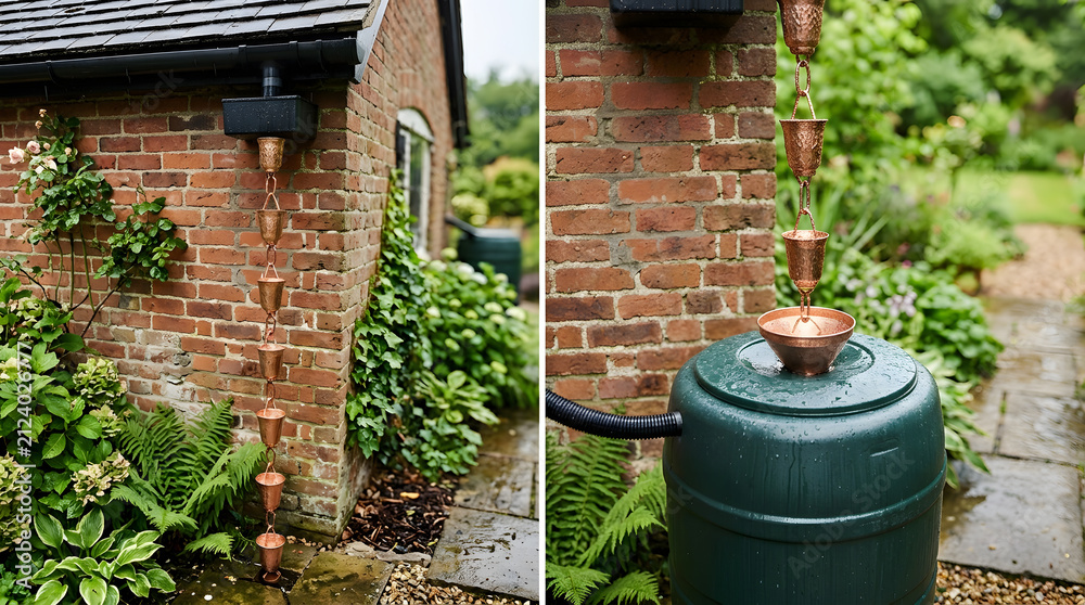 Obraz premium Decorative copper rain chain for gutters | Rainwater harvesting system with water butt | Sustainable garden drainage solutions | Hammered copper cup rain chain