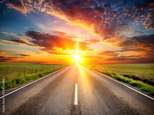 Straight asphalt road leading towards a bright golden sunset over a grassy field
