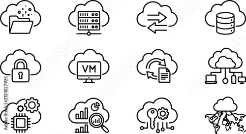 Cloud computing and data storage icons set server network outline vector illustration