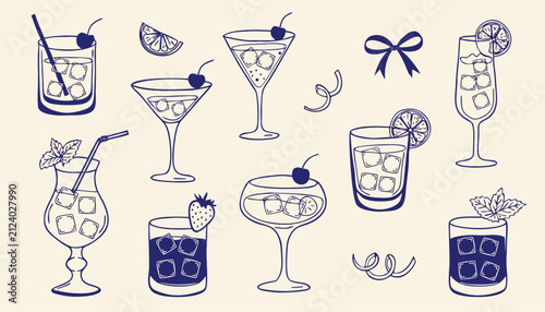 Foto Hand drawn vector illustration showing various classic summer cocktail drink ico