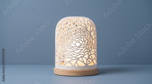 Elegant modern white table lamp with intricate bird nest lattice shade on wooden base glowing warm light against blue background.