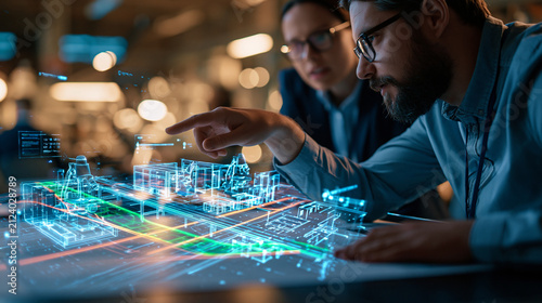 Virtual testing of a new factory layout, engineers reviewing a realistic digital twin of machines, conveyors and safety paths projected above a physical floor plan, strong visual