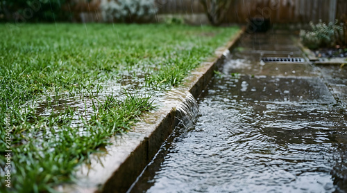 Backyard flooding during heavy rain storm | Poor garden drainage system issues | Rainwater runoff from lawn to patio | Stormwater management in residential yard
