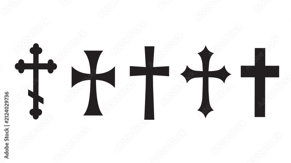 Fototapeta premium Christian cross icons set, black religious crucifix silhouettes, 5 church cross symbols for spiritual graphic design and funeral stationery