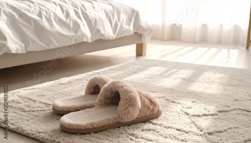 Cozy Indoor Scene with Plush Slippers and Sunlit Bedroom