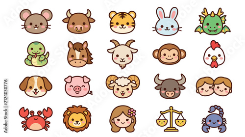 Canvas Print Cute zodiac animals and symbols collection