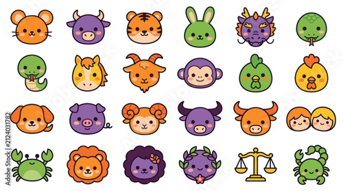 Sticker Cute zodiac animals and symbols collection