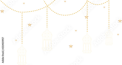 Elegant gold lanterns and stars on white background for festive design