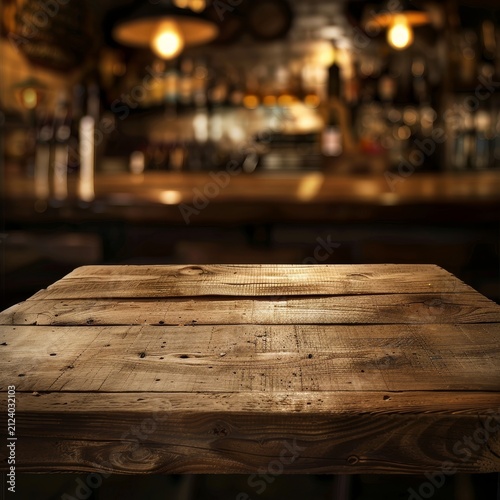 Rustic wooden table surface in front of a dimly lit bar with warm ambient lighting and blurred bottles on shelves