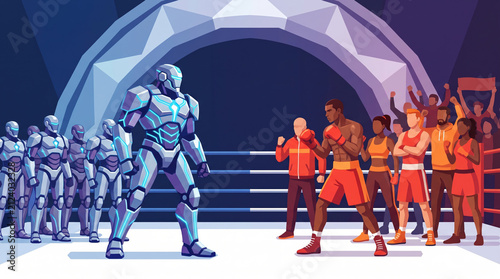 Human robot boxing ring competition futuristic crowd athlete coach sports