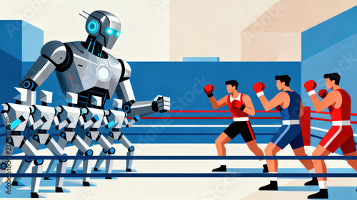 Robot boxing competition technology artificial intelligence human athlete futuristic challenge teamwork face off boxing ring showing determination and tension between advanced robots and human