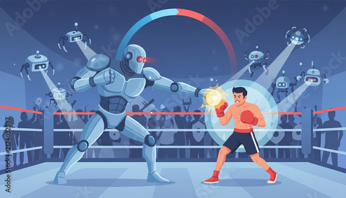Robot boxing ring human fight competition futuristic technology artificial intelligence crowd large robot and human boxer compete boxing ring surrounded by cheering crowd and observing robots