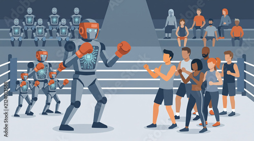 Giant robot boxing ring human crowd technology artificial intelligence competition futuristic sports excitement challenge audience digital athletic fight arena mechanical innovation strength