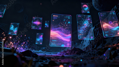 Futuristic digital interface hologram technology neon abstract data science space glowing virtual screen cosmic innovation communication fantasy galaxy modern visualization