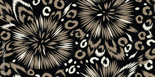 Modern seamless animal skin pattern featuring stylized leopard spots and explosion floral starbursts in beige, white, and black palette.