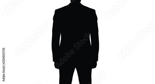 A stark silhouette of a man in a suit stands with his back to the viewer isolated