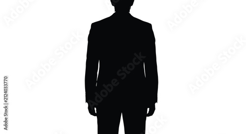 A stark silhouette of a man in a suit stands with his back to the viewer against