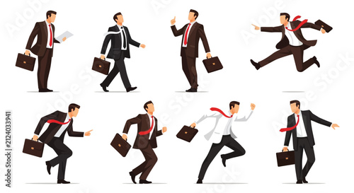 A series of illustrations depicts a businessman progressing through various dynamic poses and actions