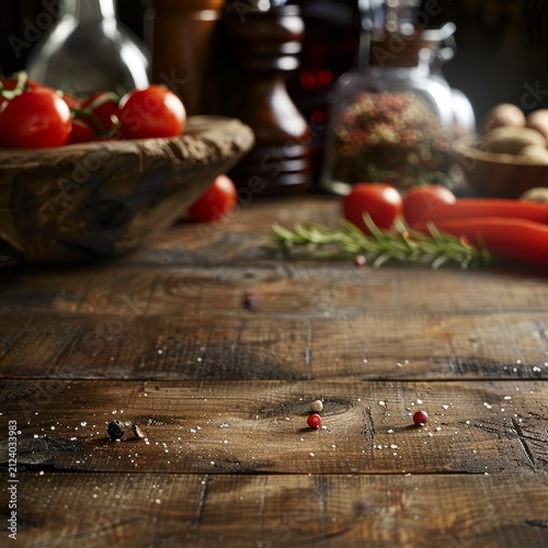 Rustic wooden table surface with scattered salt and peppercorns, featuring tomatoes, herbs, and vegetables in the