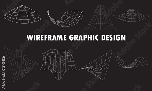 Sci-fi labels, retrofuturistic 3D cyberpunk grid y2k shape set, vector wireframe warp retro futuristic geometric icon collection.graphic set for streetwear, typography, print t-shirt.Sci-fi labels, Vi