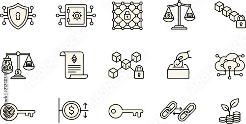 Blockchain and cryptocurrency security icons set digital finance outline vector illustration