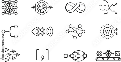 Machine learning and artificial intelligence technology icons set outline vector illustration