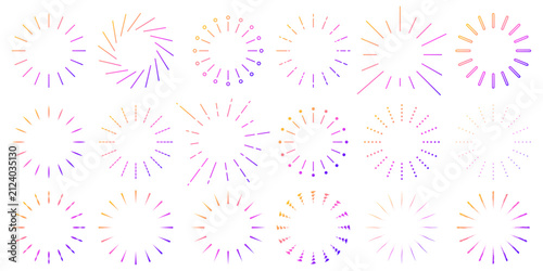 花火とサンバーストのグラデーションラインが輝くポップなアイコンセット素材 / Colorful fireworks sunburst sparkle icon set with gradient pink purple orange lines isolated