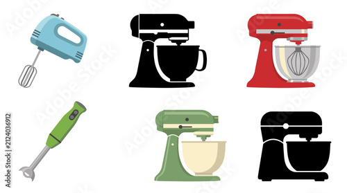 Collection of Mixer Vector Illustrations Featuring Hand Mixer, Stand Mixer, Planetary Mixer, Immersion Blender, Electric Food Mixer and Compact Kitchen Mixer Isolated on White Background