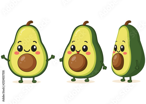 Bild auf Leinwand Cute smiling avocado mascot character turnaround sheet featuring front view, three-quarter view, and side view