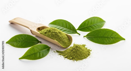A wooden scoop holds green matcha powder, surrounded by fresh matcha leaves. The powder and leaves are scattered on a white surface.