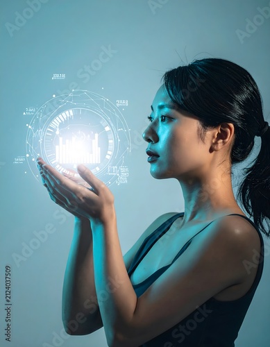 A visionary young woman gazes at a glowing holographic digital interface, representing the seamless fusion of human intuition and advanced future technology.