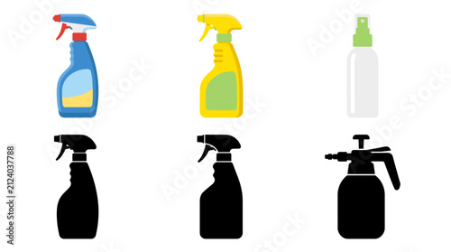Collection of Spray Bottle Vector Illustrations Featuring Trigger, Cleaning, Mist, Refillable, Disinfectant and Gardening Spray Bottles Isolated on White Background