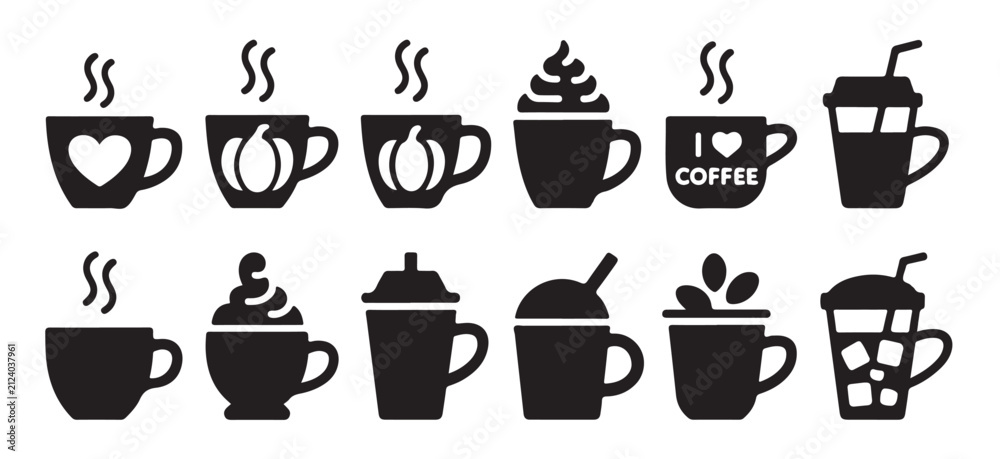 Obraz premium Set of twelve black icons depicting various coffee drinks cups mugs and iced beverages for menu design.