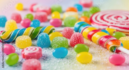 A vibrant assortment of colorful lollipops and gummy candies spills across a sugary surface. The candies include swirl lollipops, jelly beans, and gummy bears in a rainbow of hues.