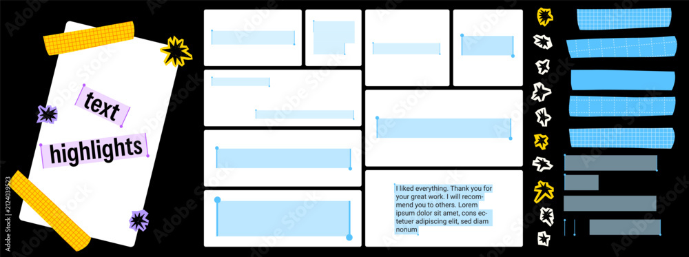 Fototapeta premium Text select set with quote highlight bars and modular note cards. Blue emphasis boxes mix with tape stars on black. Vector text selection collection for social media or infographic design bg and sale