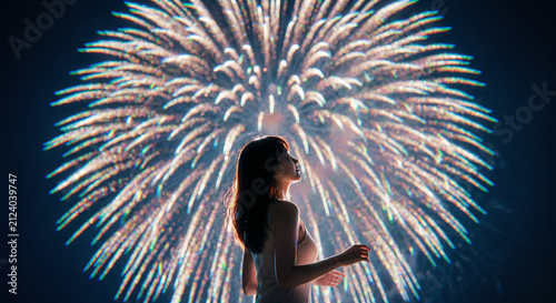 Young woman silhouetted against a large firework display