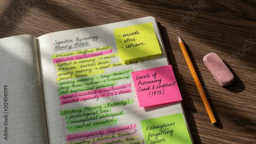 Notebook with colorful highlighter notes and study materials on wooden desk