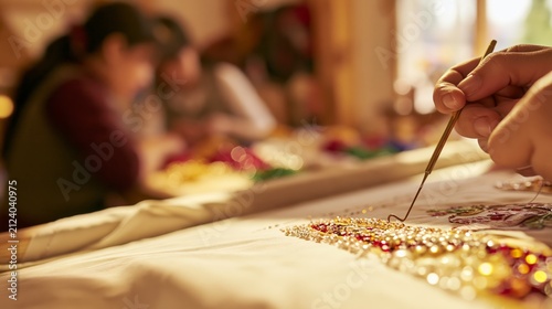 Tambour hook embroidery with beading on a frame in sharp focus and blurred embroiderers behind. Concept of haute couture embellishment.