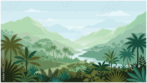 Deep wild jungle nature forest landscape background, abstract green tropical rainforest silhouette banner for ecological conservation theme