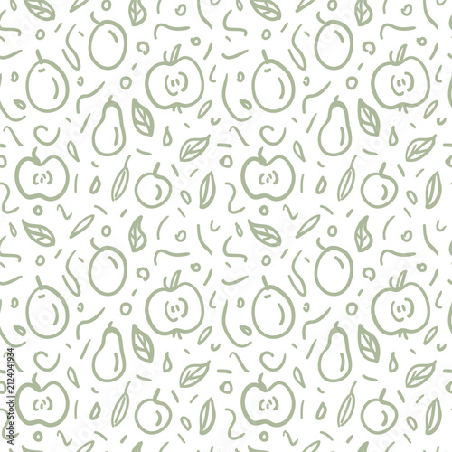 Seamless pattern with hand drawn apple and pear outline. Cute fruit doodle illustration on white background. Minimalist wallpaper design for kitchen, textile, gift wrapping and paper.