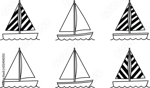 Foto Sailboat, yacht, and nautical transportation line art vector icon set featuring sailboat hull, mast, water waves, and striped sail symbols