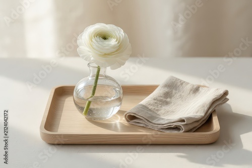 White ranunculus flower sits in a small glass bud vase on a light wooden tray beside a folded beige linen napkin.