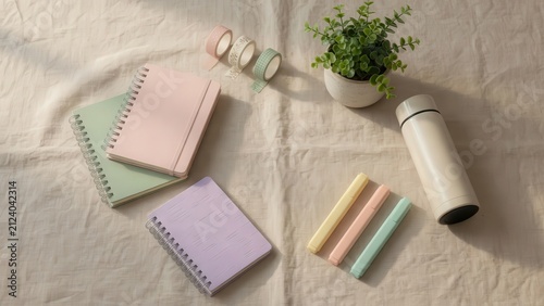 Pastel stationery including notebooks, washi tape, plants, thermos, and colored sticks arranged on wrinkled linen fabric.
