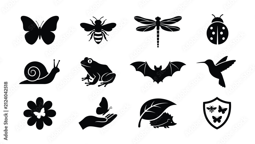 Obraz premium Black and white nature icons set with animals and elements