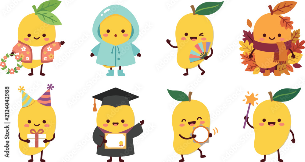 Fototapeta premium Cute Seasonal Mango Characters Celebrating Holidays Graduation Music and Festive Occasions